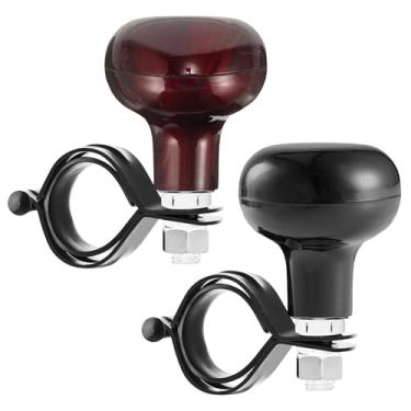 Imagem de FLATRI 2 maçanetas de volante de madeira, botão de suicídio de bola de 360 graus, botões de volante ajustáveis para carros, caminhões, semis, tratores, barcos (preto e marrom)