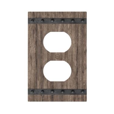 Imagem de JDAKHD Farmhouse – Placa de parede de madeira vintage vintage 1 gangue tomada dupla placa de parede porta de celeiro decorativa capa de interruptor de luz de soquete duplo para casa, escritório e
