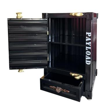 Imagem de Runeqxar Mesa lateral de recipiente de metal industrial – mesa de cabeceira de 3 camadas de ferro de 50 cm com gavetas retrô armário de transporte de ferro para bar/quarto/garagem (preto)