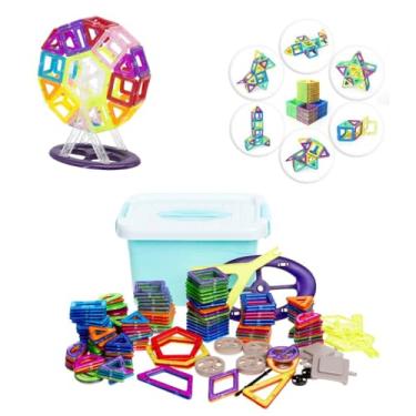 Imagem de Blocos Magnéticos Educativos, Kit de Construção com 170 Peças, Inclui Suporte de Roda Gigante, Caixa Organizadora, Brinquedo Criativo para Desenvolvimento Motor