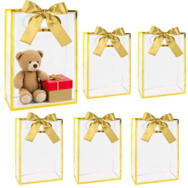 Imagem de 6 peças de sacos de presente de plástico transparente com alças, sacolas reutilizáveis de PP para lembrancinhas de festa com fita, embalagem de presente com acabamento dourado, para casamento, chá de