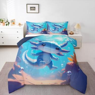 Imagem de Lindo conjunto de edredom com estampa de animais selvagens, solteiro, réptil do oceano azul, tritão, para crianças, meninas, meninos, animais marinhos náuticos, salamandra, decoração de anfíbios