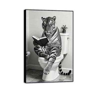 Imagem de Tela de banheiro tigre arte de parede pintura de tigre no vaso sanitário pôster engraçado animal banheiro preto e branco imagem de banheiro para banheiro moldura preta 90 x 60 cm (35 x 24 pol.)