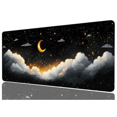 Imagem de Lindo mouse pad nuvem grande estrela e lua dourado celestial XL mouse pad grande mousepad estendido laptop teclado mesa jogos tapete mouse pad escritório computador teclado laptop casa, 31,5 x 11,8