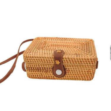 Imagem de Bolsa Retangular de Bambu e Madeira, Bege, Alça Fixa, Forrada, 20x13x7.5cm, Fecho de Botão, Estilo Verão