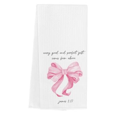 Imagem de Toalhas de cozinha cristãs de laço rosa toalhas de prato de verão decoração de cozinha presentes motivacionais para mulheres anfitriã James 1:17 Bíblia religiosa waffle tecer toalha de mão de chá para