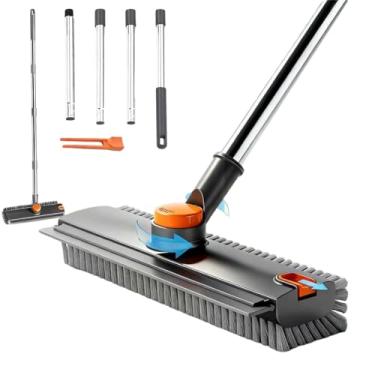 Imagem de Escova de limpeza 3 em 1, esfregão de chão com rodo e pinça, vassoura de pressão com cabo longo, vassoura de cerdas rígidas de 90° para pátio, chuveiro, garagem, deck, azulejo, concreto e superfície