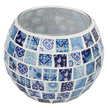 Imagem de Castiçal Tealight Azul e Branco Vidro Mosaico Padrões Florais Quente Romântico Textura Artesanal Castiçais Votivos para Decoração de Casa Peça Central de Mesa de Casamento