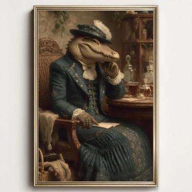 Imagem de Arte de parede em tela de crocodilo impressões de retrato de animal pôster de jacaré vintage imagem vitoriana vintage impressões peculiares animais academia arte de parede antropomórfico decoração de
