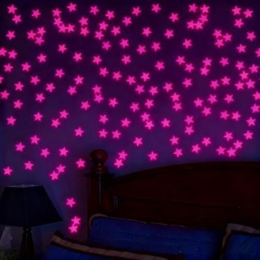 Imagem de 100 peças de adesivos de parede de estrelas que brilham no escuro luminoso 3D fluorescente decoração para casa quarto teto (100 peças rosa)