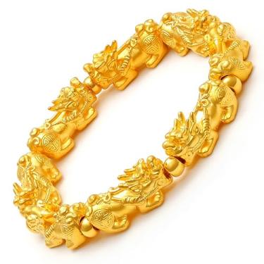 Imagem de Chiorgone Pulseira Feng Shui Pixiu – Pulseira masculina banhada a ouro de cobre Pi Yao, proteção Feng Shui e pingente de boa sorte, cordão elástico ajustável