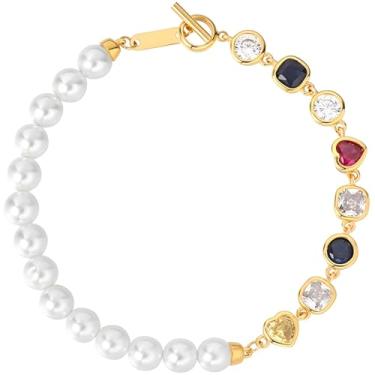 Imagem de Pulseira feminina de pérolas luxuosas com design de tênis de cristal banhado a ouro, zircônia multicolorida, pérolas brancas, corrente de elos delicados para aniversários e aniversários