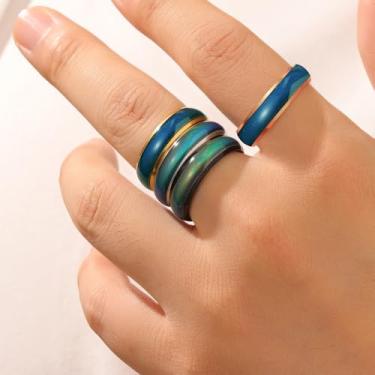 Imagem de Conjunto de anéis multicoloridos com 4 peças para mulheres, sensível à temperatura, cor que muda de humor, tamanho 7/8# aço inoxidável, hipoalergênico, joia não manchada, 8, Aço inoxidável, Sem pedra