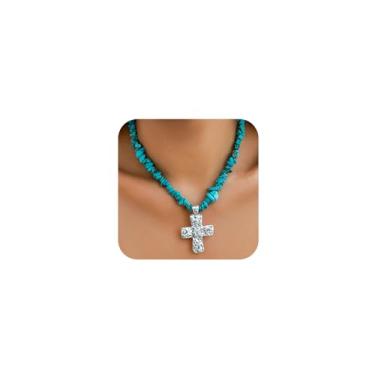 Imagem de DZSYJKTM Colar feminino com pingente de cruz martelada turquesa turquesa com pingente de cruz martelada, boêmio, irregular, vermelho, verde, miçangas, corrente, joia ocidental, presente, One Size