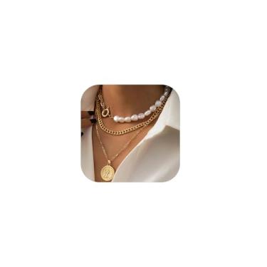 Imagem de LILOLILO Colares em camadas para mulheres, ouro, moedas, joias ocidentais, boho, moda, acessórios de vaqueira, uso diário, festa, férias, pearl layered necklaces, Latão, Sem Pedra Preciosa