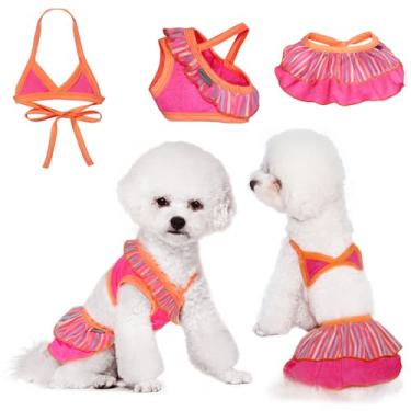 Imagem de TONY HOBY Traje de banho para cachorro - 3 peças biquíni vestido de natação para cães pequenos e médios, uso na praia e piscina (laranja + rosa, GG)