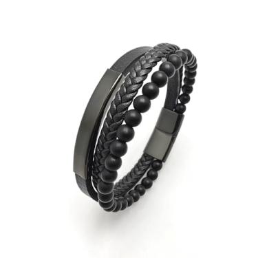 Imagem de VANFORWYN Pulseira masculina de ônix preto fosco olho de tigre multicamadas pulseira de couro genuíno trançado preto 8 mm pulseira de contas de pedra de proteção natural, Medium, Couro, Sem Pedra
