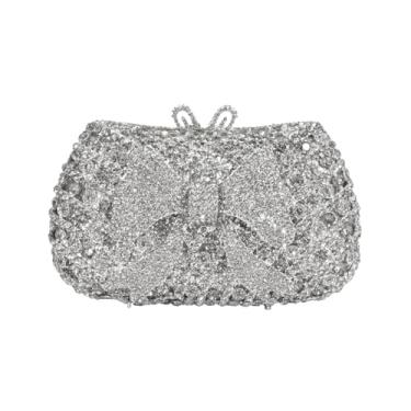 Imagem de DKQXEIM Bolsa feminina de strass com laço de cristal deslumbrante bolsa de mão de diamante luxuosa para festas de casamento e coquetéis, Prata