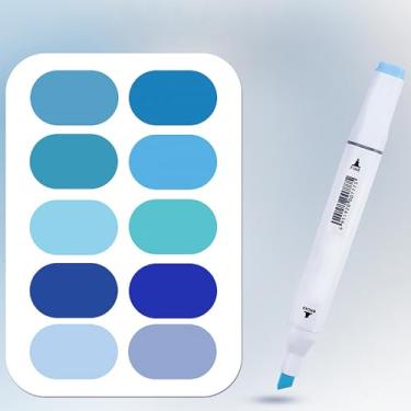 Imagem de Liulich 10 marcadores de álcool série de cores puras, conjunto de marcadores de cor sólida de ponta dupla para adultos desenho iniciante esboço (azul)