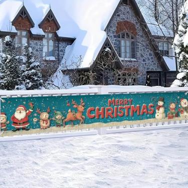 Imagem de HOMETITUTE 299,7 x 50,8 cm Banner de Feliz Natal desenho azul Papai Noel rena boneco de neve design de presente infantil banner pendurado grande cerca ao ar livre varanda decoração de parede cenário