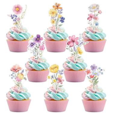 Imagem de 36 peças de topos de cupcake de flores silvestres, enfeites de bolo de flores silvestres boho decorações de chá de bebê para menina, palitos de sobremesa floral rústica suprimentos para festa de