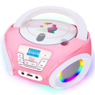 Imagem de TinyGeeks Tunes Kids Boombox CD Player para crianças, rádio FM, inclui baterias, rádio rosa, leitor de CD com alto-falantes para crianças e crianças, rosa