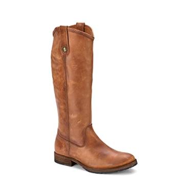 Imagem de Frye Melissa Button Lug Botas altas inspiradas no equestre para mulheres feitas de couro vintage resistente com ferragens de prata antiga e sola de couro – cano de 38 cm de altura, Conhaque, 5.5