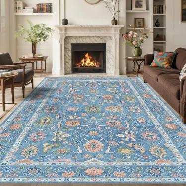 Imagem de Tapete Oushak vintage azul 20 x 25: tapete grande lavável moderno turco tapete floral oriental para quarto, sala de estar, berçário, azul claro