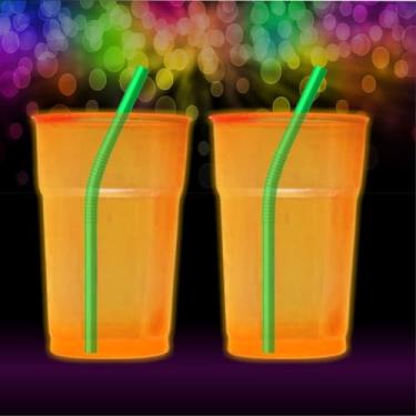 Imagem de Kit 100 Copos Neon 300ml com Canudos Mexedores Premium – Copos Coloridos para Festa Aniversário e Drinks (Laranja)