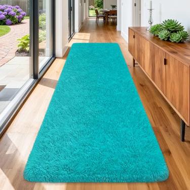 Imagem de ZJYeRug Tapete azul, tapete de corrida 7,5 x 25,4 cm, tapete antiderrapante para corredor de 3 m, tapete macio felpudo para sala de estar e quarto, tapetes de cabeceira felpudos laváveis para meninos