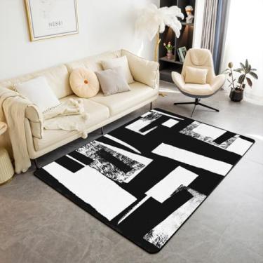 Imagem de jejeloiu Tapete de área preto e branco 3x5 crianças abstrato para sala de estar tapete geométrico para quarto, tapete de decoração geométrica, poliéster