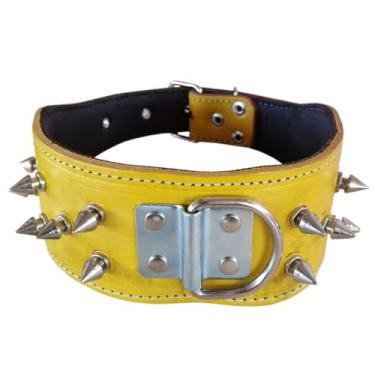 Imagem de Coleira Spike Para Cachorro Couro Legítimo Espinho Pitbull(Amarelo)