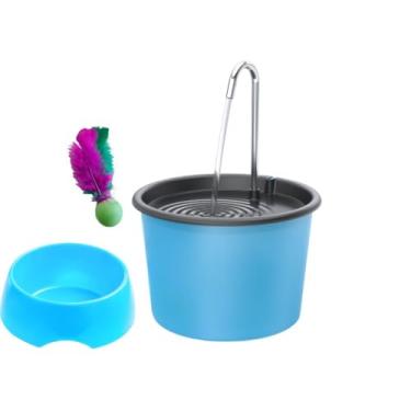 Imagem de Fonte Bebedouro para Gatos e Cães + Comedouro 600ml + Pong(Kit Azul com Tampa Preta)