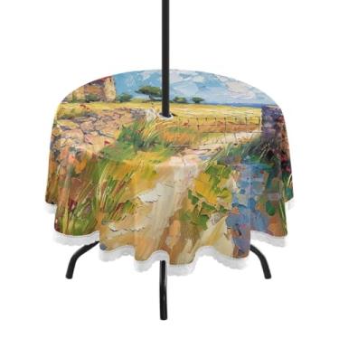 Imagem de Blueangle Toalha de mesa redonda camponesa impermeável de 152 cm com orifício para guarda-chuva - Tecido resistente à prova de sol para todos os climas para pátio, acampamento, piquenique(578)