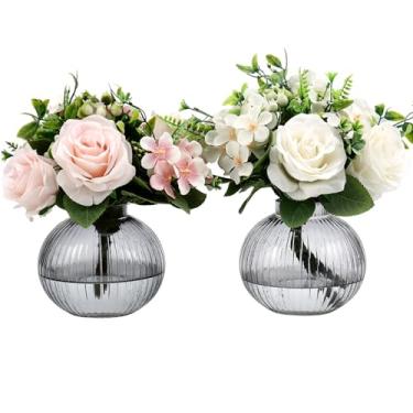 Imagem de YANWE1 Vasos de vidro redondos, conjunto de 2 vasos pequenos para flores, vaso de vidro preto para tulipas, vaso moderno para sala de estar, escritório, mesa de centro, prateleira, casamento, 12 cm