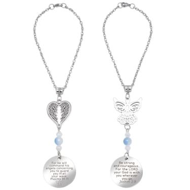 Imagem de WEBEEDY 2 Estilos de Asa de Anjo Coração Pingente de Carro Aço Inoxidável Espelho Retrovisor Acessórios Pendurados Anjo Guardião Ornamento para Mulheres Homens Decoração de Carro Presentes de Natal