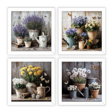 Imagem de Kit 4 quadros 18x18 cm banheiro varanda cozinha flores vaso borboleta - Decoração para Banheiro, Cozinha e Varanda(Branca)