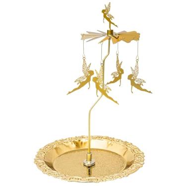 Imagem de Rancco Suporte de vela giratório com bandeja, suporte de vela de luzes de chá de fadas voadoras douradas, suportes de castiçal de metal movido a calor para mesa de centro de mesa, casamento, Natal