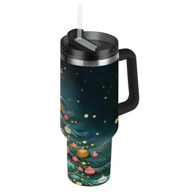 Imagem de ATTX Copo colorido de árvore de Natal de 1,134 g com alça, copo de aço inoxidável a vácuo de parede dupla com palha, caneca de café de viagem isolada #290