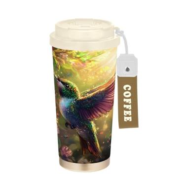 Imagem de SEHANY Caneca de viagem de pássaro colorida de 482 g Copos de café reutilizáveis revestidos de cerâmica com tampa à prova de vazamento, parede dupla, copo de café de aço inoxidável isolado a vácuo