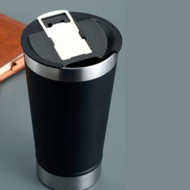 Imagem de Copo Térmico Inox 500ml Parede Dupla com Tampa Antivazamento e Abridor – Conserva Cerveja Gelada – Preto/Branco