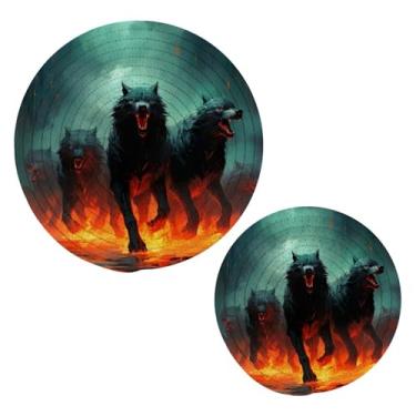 Imagem de Blueangle 2 peças de suporte de panela de trivet de lobos de neblina escura - conjunto de pegadores de panela de tecido redondo - almofadas quentes trançadas de algodão - porta-copos - tapetes de mesa