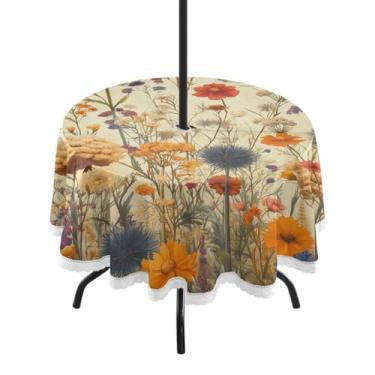 Imagem de ATTX Toalha de mesa redonda Herbal Wildflowers ao ar livre – 152 cm, impermeável, à prova de derramamento, uso interno/externo, com orifício para guarda-chuva com zíper para acampamento, piquenique