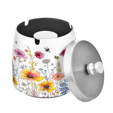 Imagem de Blueangle Cinzeiro de flores silvestres com tampa para cigarros, à prova de vento/à prova de chuva, aço inoxidável, sem fumaça, inodoro, cinzeiro para uso interno ou externo (300)