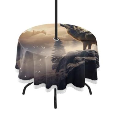 Imagem de ATTX Toalha de mesa redonda Wolf Outdoor – 152 cm, impermeável, à prova de derramamento, uso interno/externo, com orifício para guarda-chuva com zíper para acampamento, piquenique, praia, festa, pátio