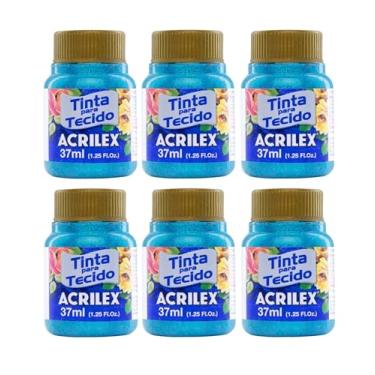 Imagem de Kit 6 Tintas para Tecido Glitter Acrilex 37ml Azul Turquesa 211 | Brilho Intenso, Fixação a Frio, Alta Resistência e Durabilidade para Artesanato e Customização