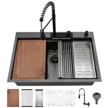 Imagem de BoomHoze Pia de cozinha multifuncional preta, 83 x 55 cm, cachoeira, pia de cozinha, tigela única, aço inoxidável, calibre 16, inteligente, moderno e combo de torneira