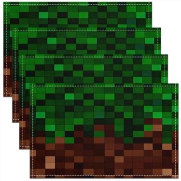 Imagem de Sandbox Jogo americano infantil pixelado, conjunto de 4 tapetes de mesa de videogame, grade de patchwork, decoração de cozinha simples, decoração de cozinha verde escuro marrom 30,5 x 45,7 cm