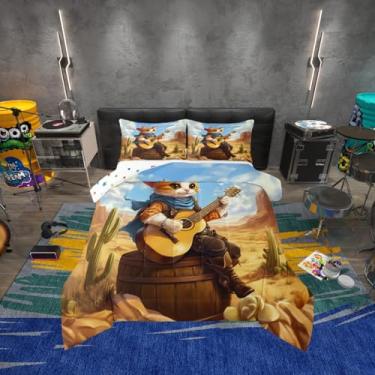 Imagem de Erosebridal Conjunto de edredom fofo de gato, guitarra, música, cacto, desenho animado, animais, animais de estimação, verão, oeste, oeste, deserto, edredom