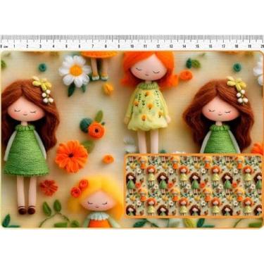 Imagem de Tecido Tricoline Digital Coleção Girls and Puppies Bonecas fundo bege 50 x 150 cm